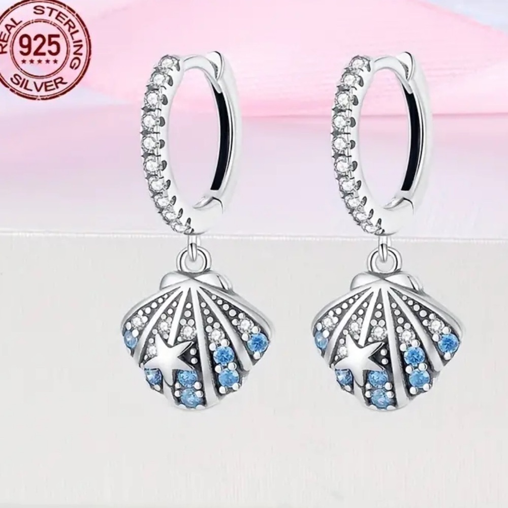 Seashell Cubic Zirconia Dangle Earrings - Picture 5 of 8